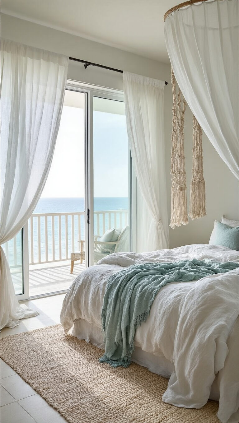 Ethereal coastal bedroom with billowing white drapes, rumpled linen bedding, and balcony view through floor-to-ceiling glass doors framed by macramé plant hangers.