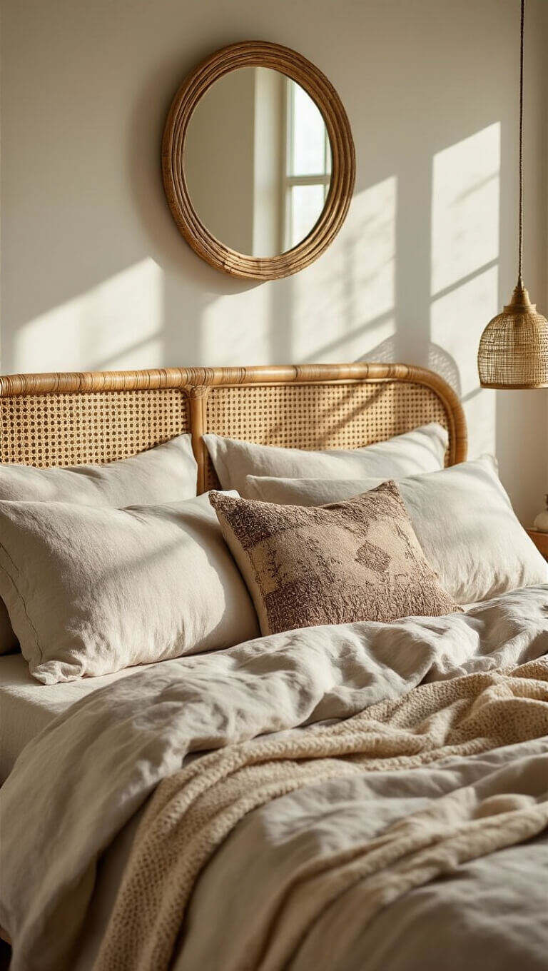 Close-up of cozy bedroom with layered stonewashed sheets, chunky knit throw, mudcloth pillows, rattan headboard casting shadows, and brass mirror reflecting warm morning light.