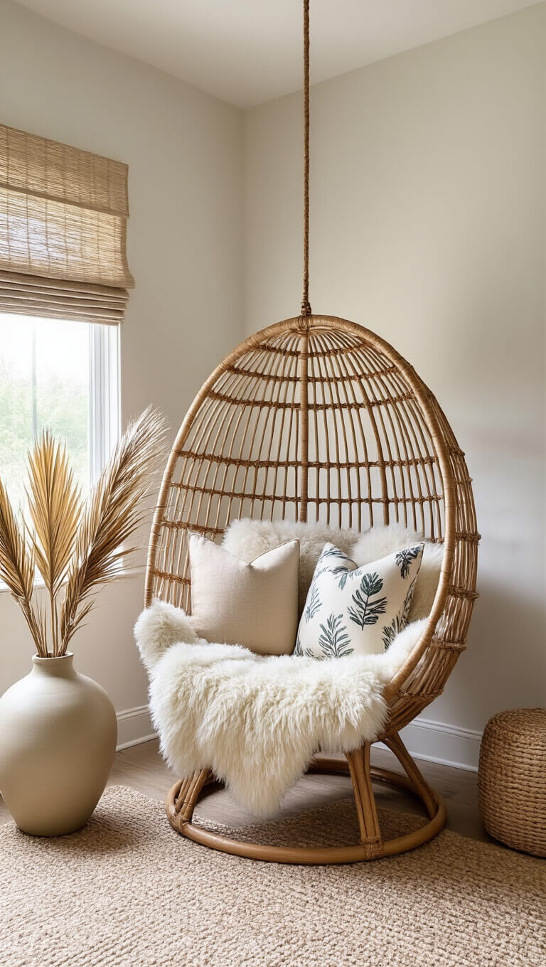 Cozy reading nook with rattan egg chair, sheepskin throw, coastal pillows, and dried palm fronds in ceramic vase, bathed in soft natural light.