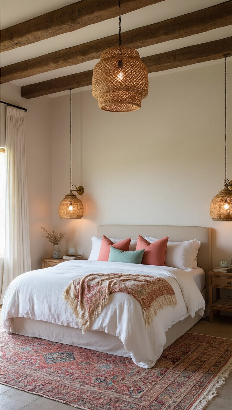 Romantic twilight bedroom with ambient lighting, king bed under exposed wooden beams, ivory linens, coral and sea glass pillows, and a textured Moroccan wedding blanket.