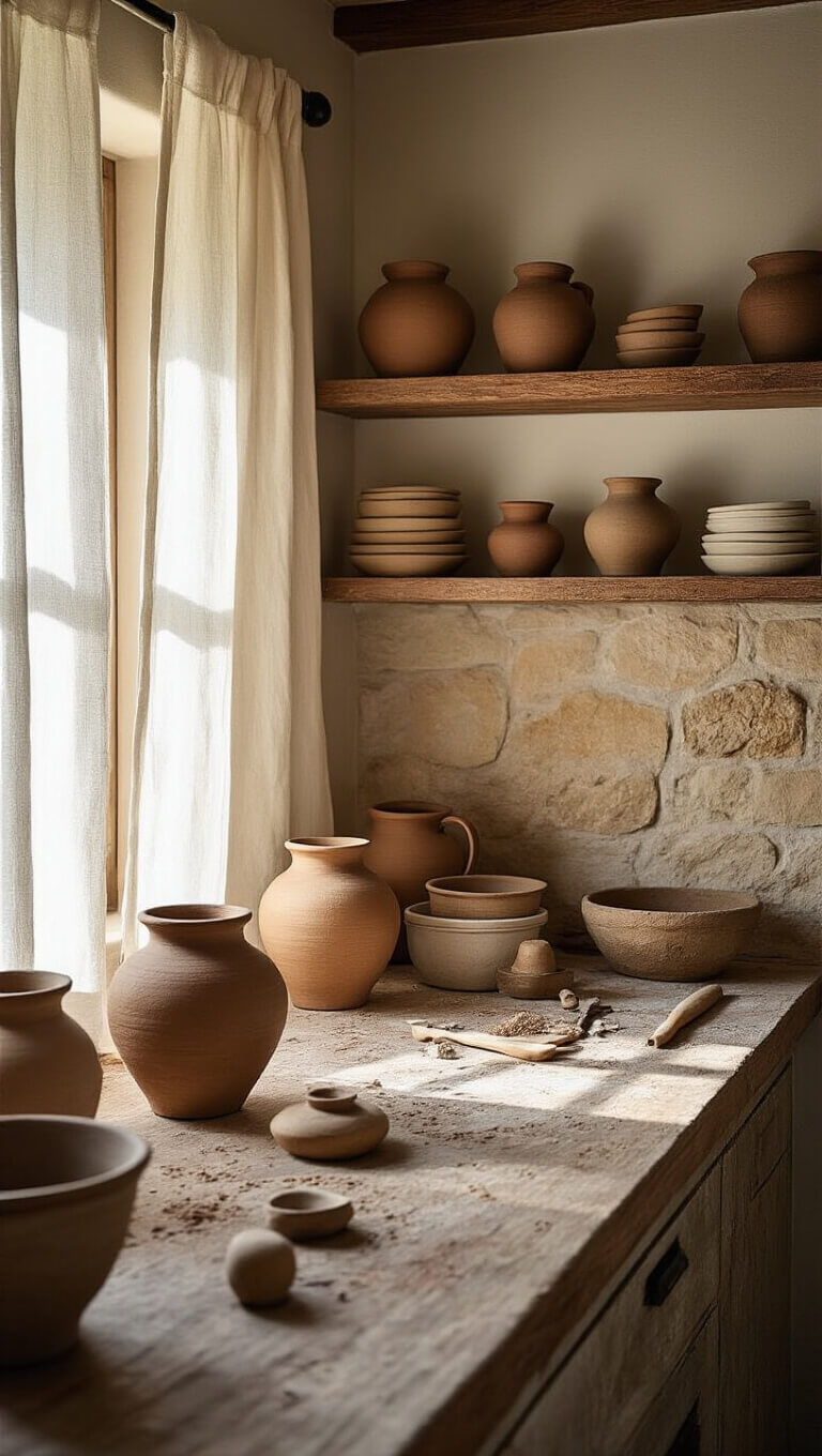 Handcrafted pottery nook with earth-toned ceramics, clay tools, and textured wooden counter in warm afternoon light.
