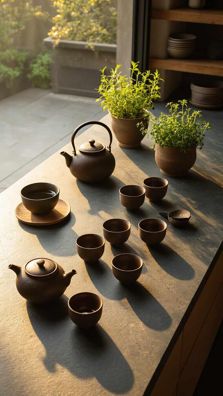 Minimalist kitchen with soapstone island set for tea ceremony, featuring ceramic cups, iron kettle, and potted herbs in golden hour light.