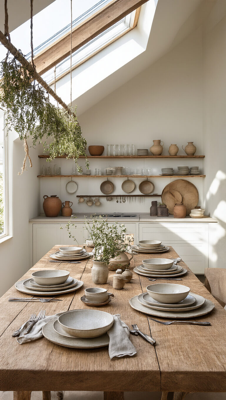 Farmhouse kitchen with raw wood table set with ceramic plates, hand-forged cutlery, and linen napkins, lit by skylight with dramatic shadows; dried herbs hang above and earthenware pottery in background.