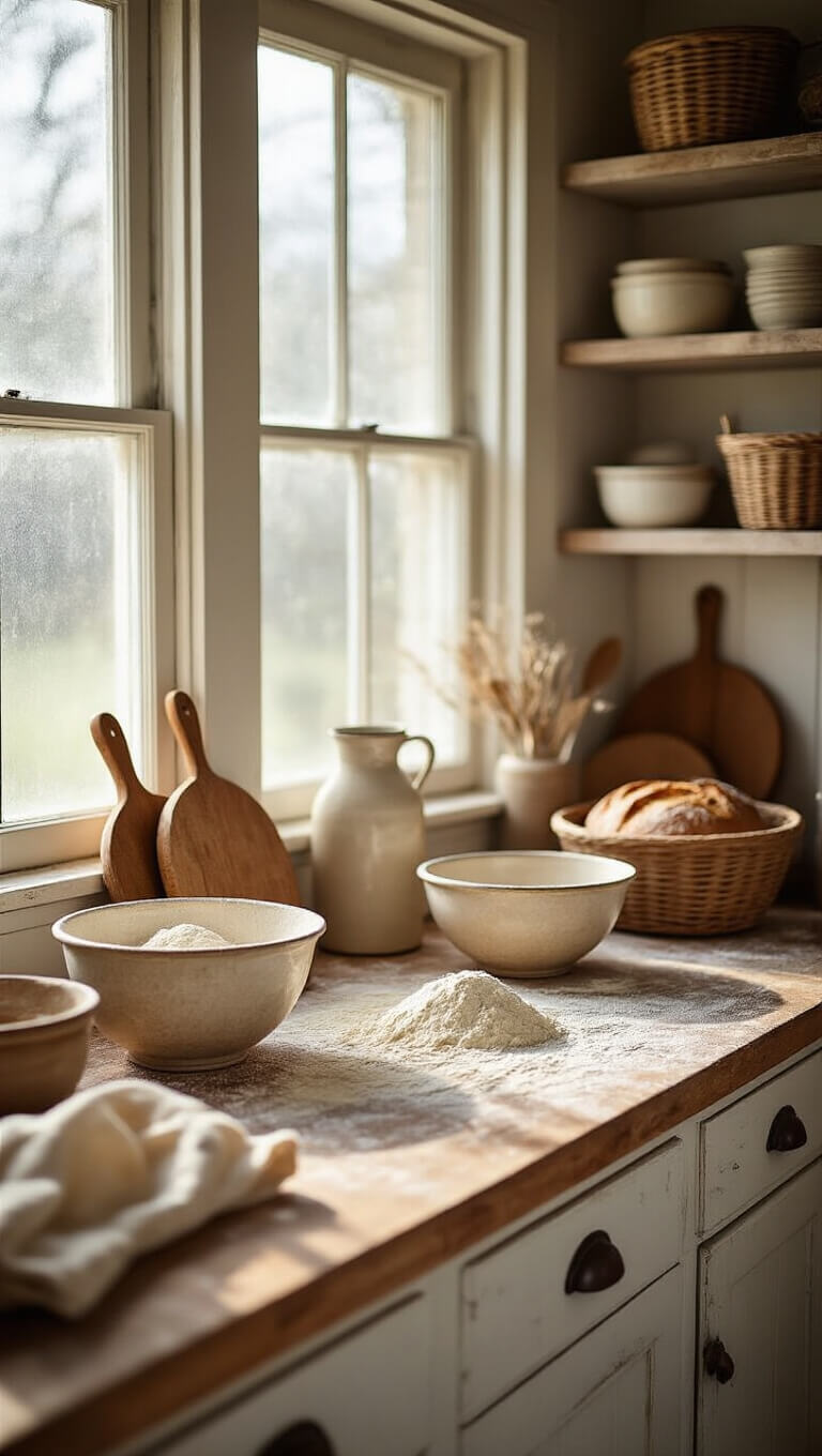 Rustic 12x14ft kitchen corner with flour-dusted wooden workspace, ceramic bowls, rolling pins, and artisanal bread boards in warm morning light.