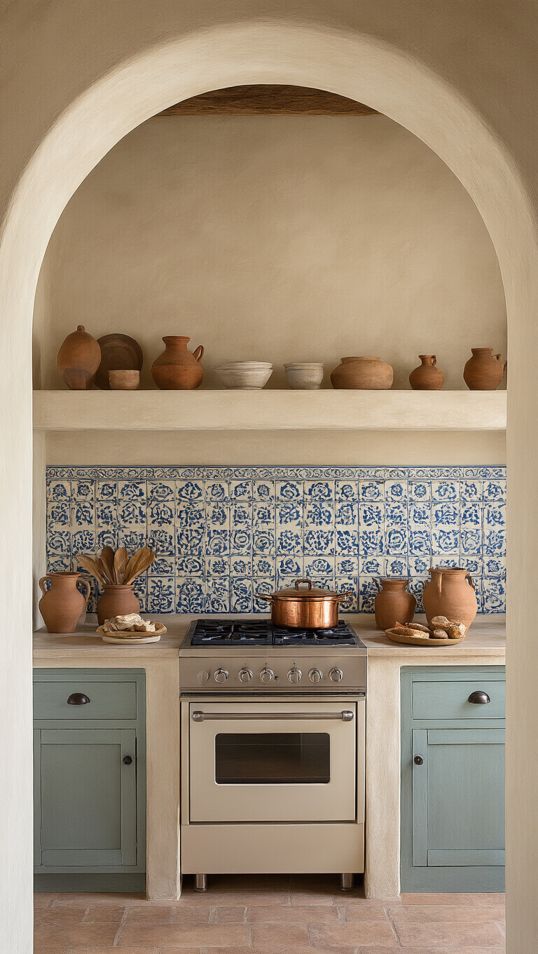 Mediterranean-style kitchen with arched doorway, textured plaster walls, handmade tile backsplash, and earth-toned decor featuring terracotta, copper, and olive wood accents.