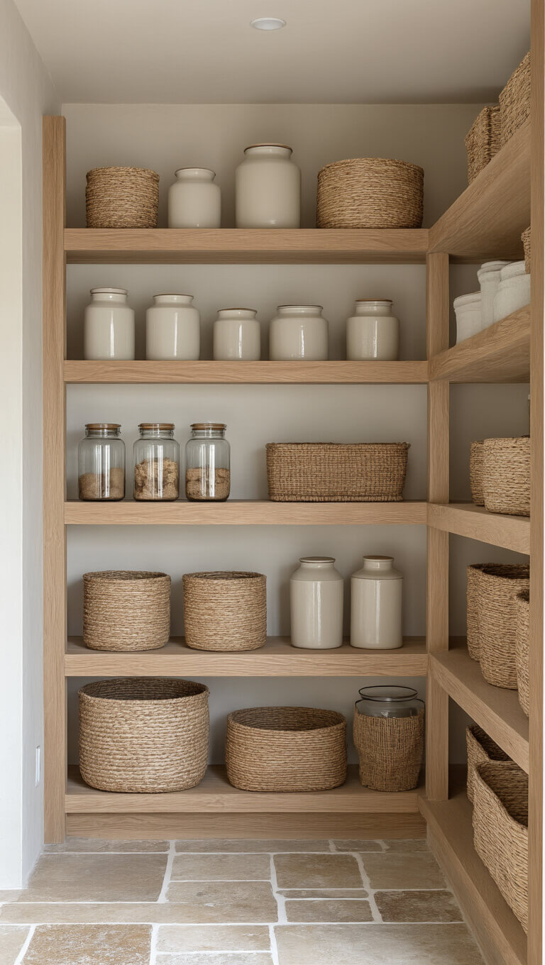 Minimalist 8x10ft pantry with open wooden shelves holding ceramic jars, woven baskets, and glass containers; soft lighting, stone floor, and natural textures in muted tones.