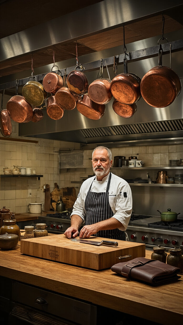 Professional-style kitchen with aged wooden island, hanging copper pots, ceramic spice jars, and chef's tools in dramatic evening light, viewed from a low angle.