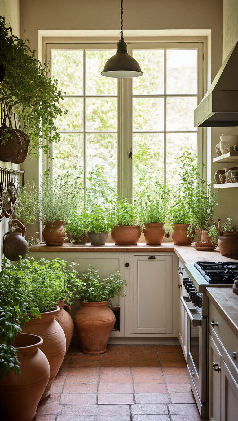 Cozy 12x15ft kitchen with garden view, sunlit in late afternoon; herb drying racks, terracotta pots, ceramic planters, and mixed metal fixtures with green plants against neutral tones.