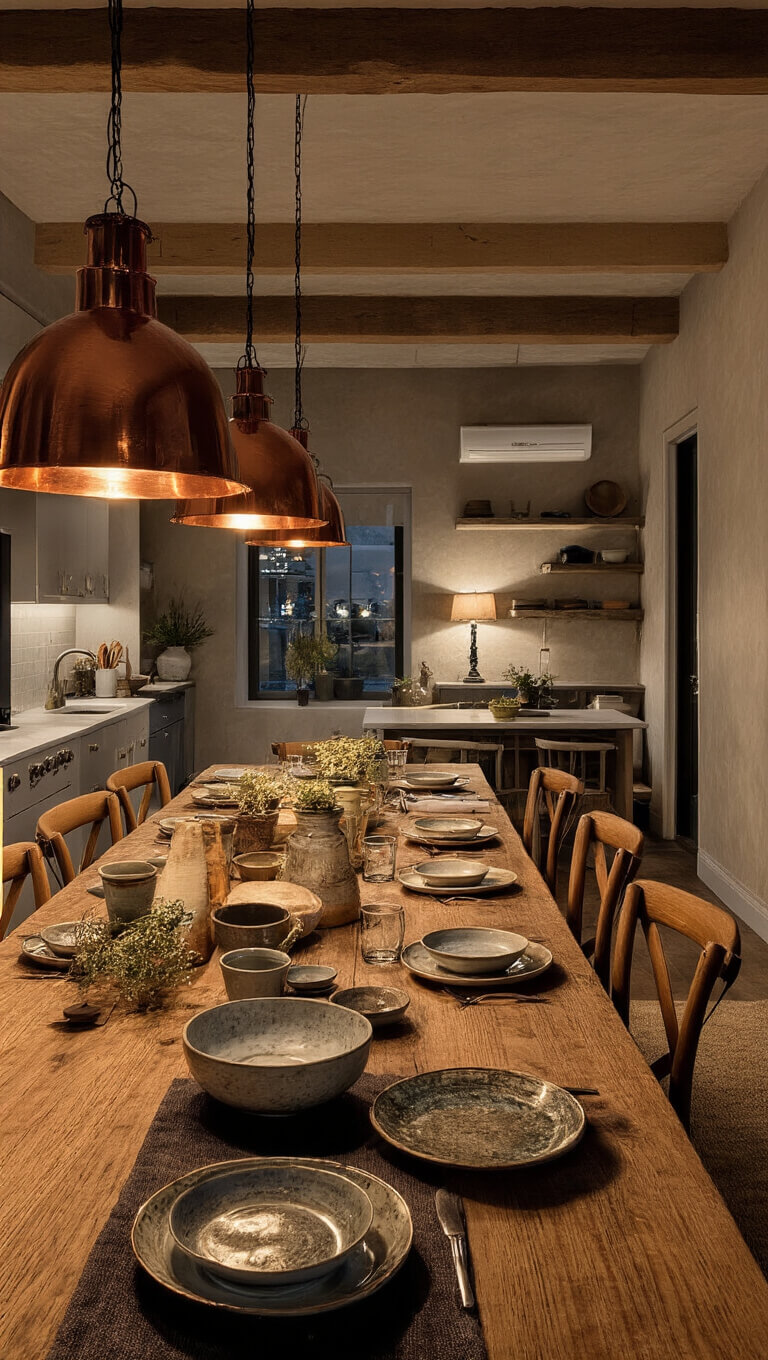 Warmly lit kitchen living space with long worn communal table, mixed ceramic dinnerware, vintage wooden chairs, copper pendant lights, textured walls, and natural fiber rug creating an intimate gathering atmosphere.