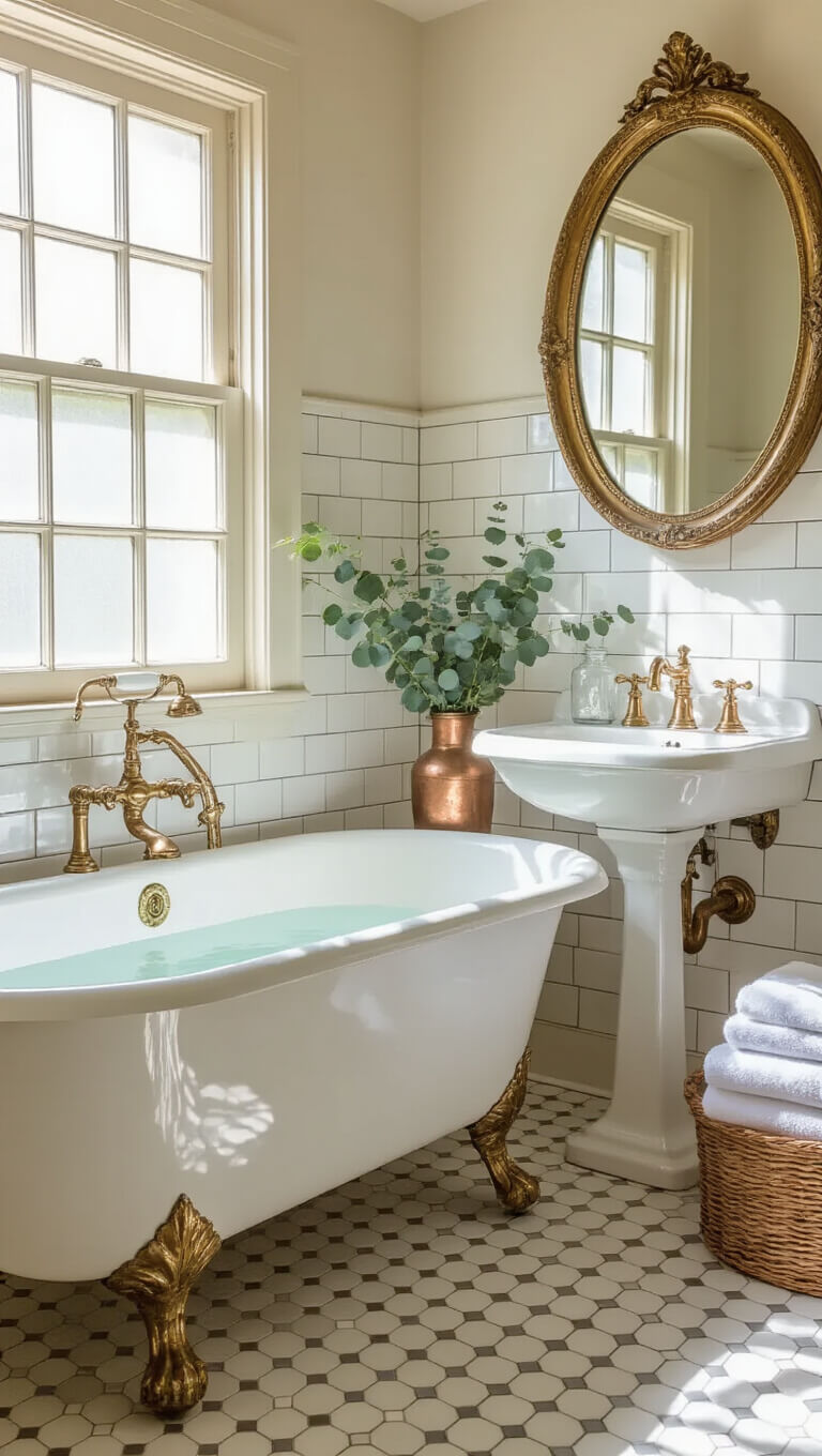 Vintage sunlit bathroom with clawfoot tub, brass fixtures, pedestal sink, and hex tile floor.