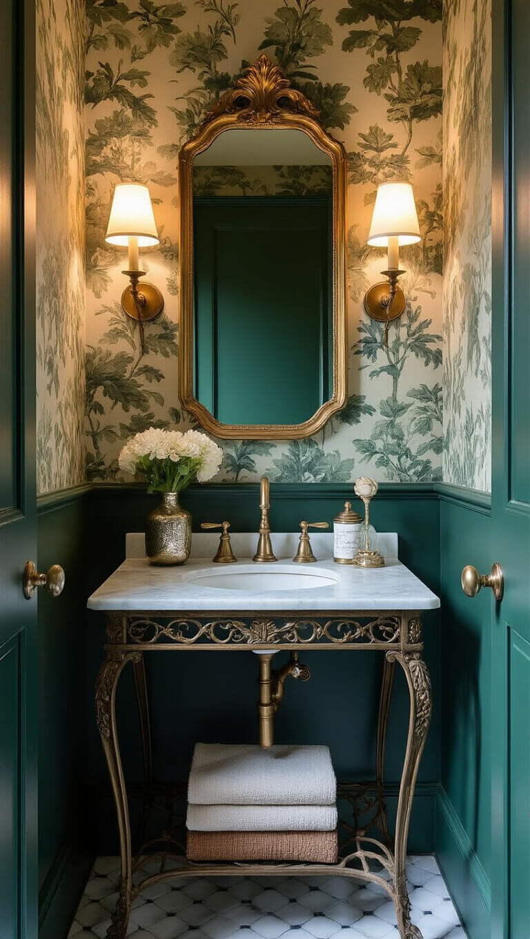 Intimate 5x6ft powder room with emerald walls, vintage botanical wallpaper, marble washstand with iron legs, antique brass mirror, and mercury glass vessels under warm lighting.