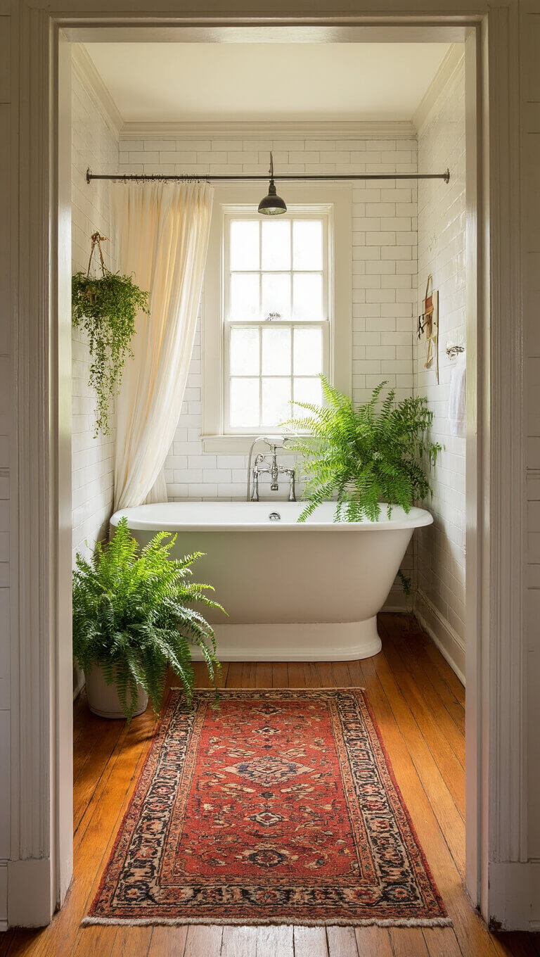 Wide-angle view of a sunlit 12x14ft master bath with a restored 1920s clawfoot tub, potted ferns, honey-toned hardwood floors, ceiling-mounted shower curtain, white subway tile walls, and a vintage Persian runner.