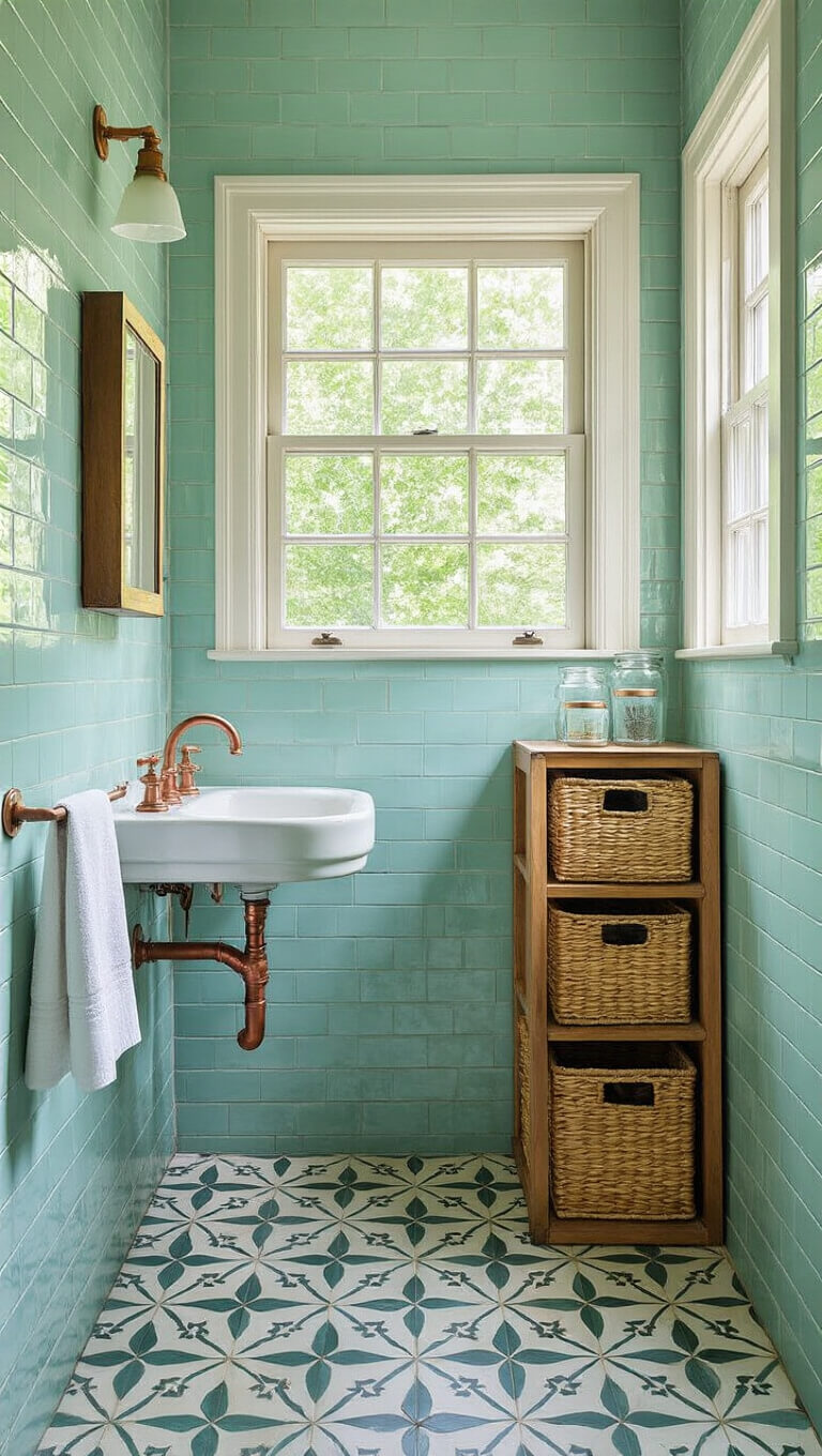 Aerial view of a 1940s mint green tiled corner bathroom with geometric floor pattern, wall-mounted sink with exposed copper pipes, restored brass medicine cabinet, and organized storage with woven baskets and glass canisters.