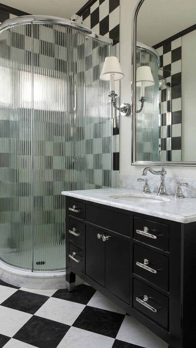 Art Deco guest bathroom with black and white checkered floor, chrome fixtures, curved ribbed-glass shower, marble vanity, porcelain sconces, and silver-framed mirrors reflecting geometric patterns.