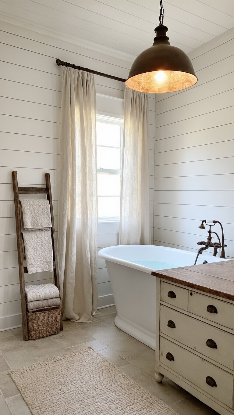 Farmhouse bathroom with shiplap walls, clawfoot tub under warm pendant light, custom vanity, linen curtains, and vintage ladder holding towels.