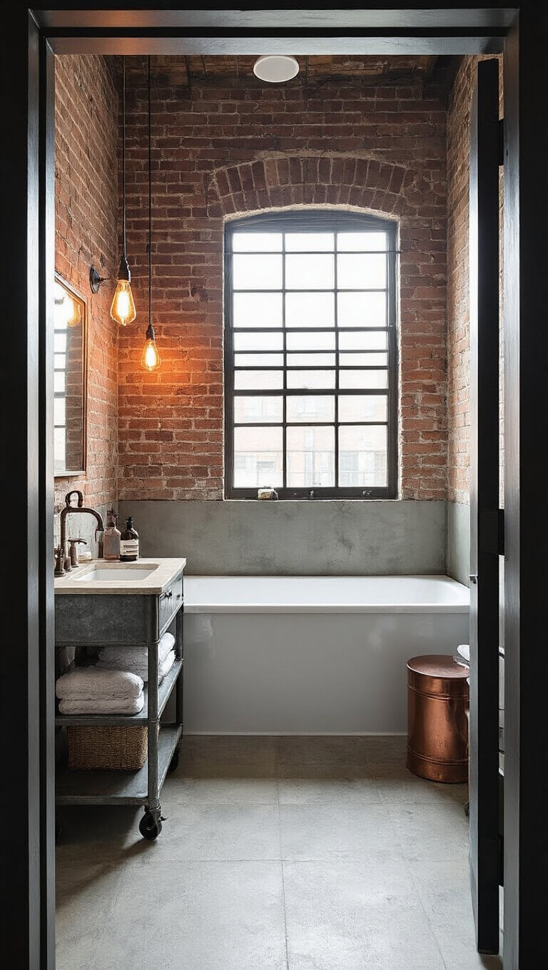 Industrial-vintage bathroom with exposed brick, metal cart vanity, Edison bulb sconces, and warehouse window backlighting.