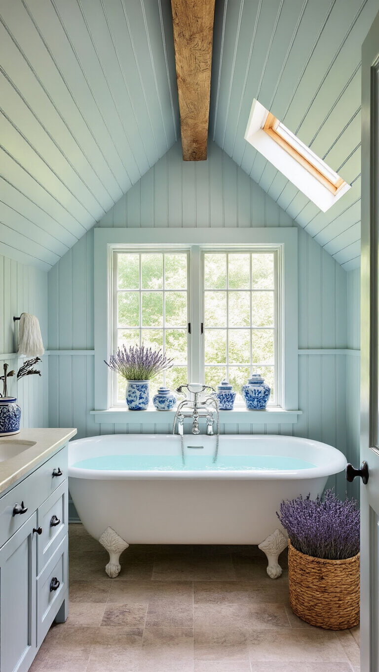 Bird's-eye view of a cozy cottage bathroom with a peaked ceiling, exposed beams, skylight, clawfoot tub under a window, pale blue beadboard wainscoting, and vintage ceramic decor with dried lavender.