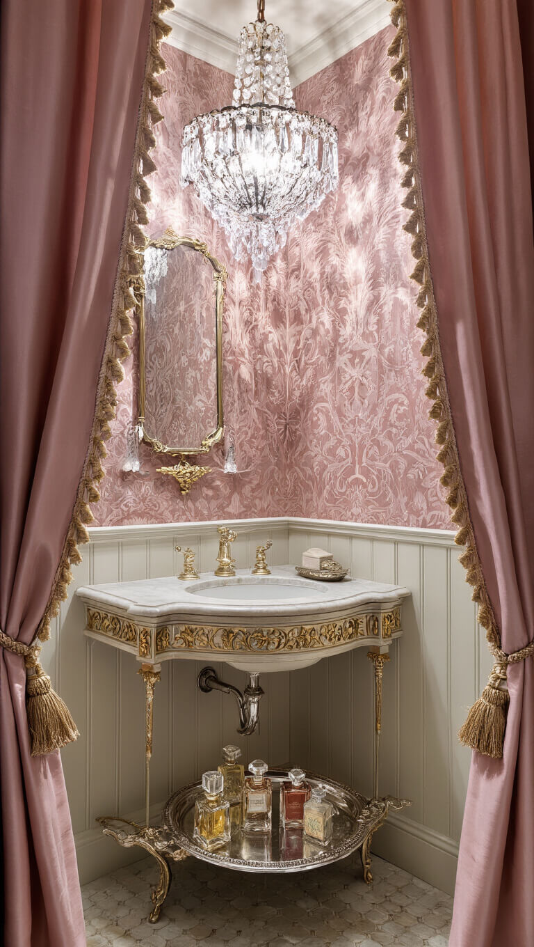 Victorian-style powder room with dusty rose wallpaper, crystal chandelier, gold-detailed marble washstand, tasseled silk curtains, and antique perfume bottles on a silver tray.