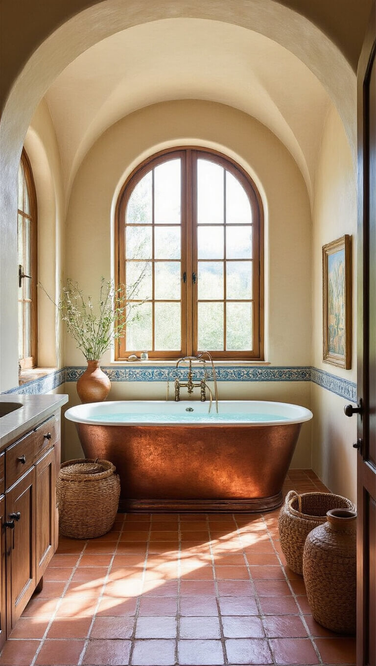 Mediterranean revival bathroom with arched doorway and window, terra cotta tile flooring, copper freestanding tub, hand-painted ceramic sink, and rustic decor elements like woven baskets and clay vessels.