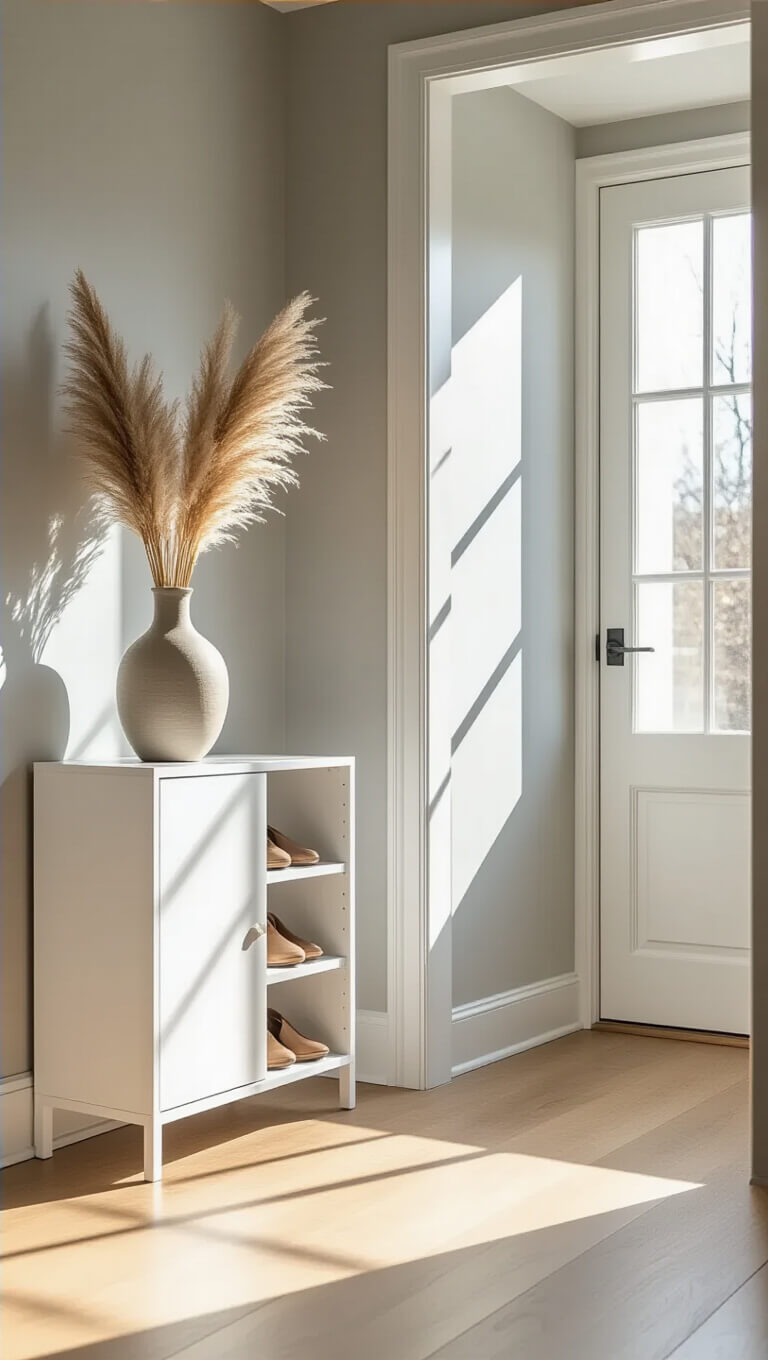 Minimalist entryway with sleek white shoe cabinet, pampas grass vase, and sunlight through frosted door on blonde oak floor.