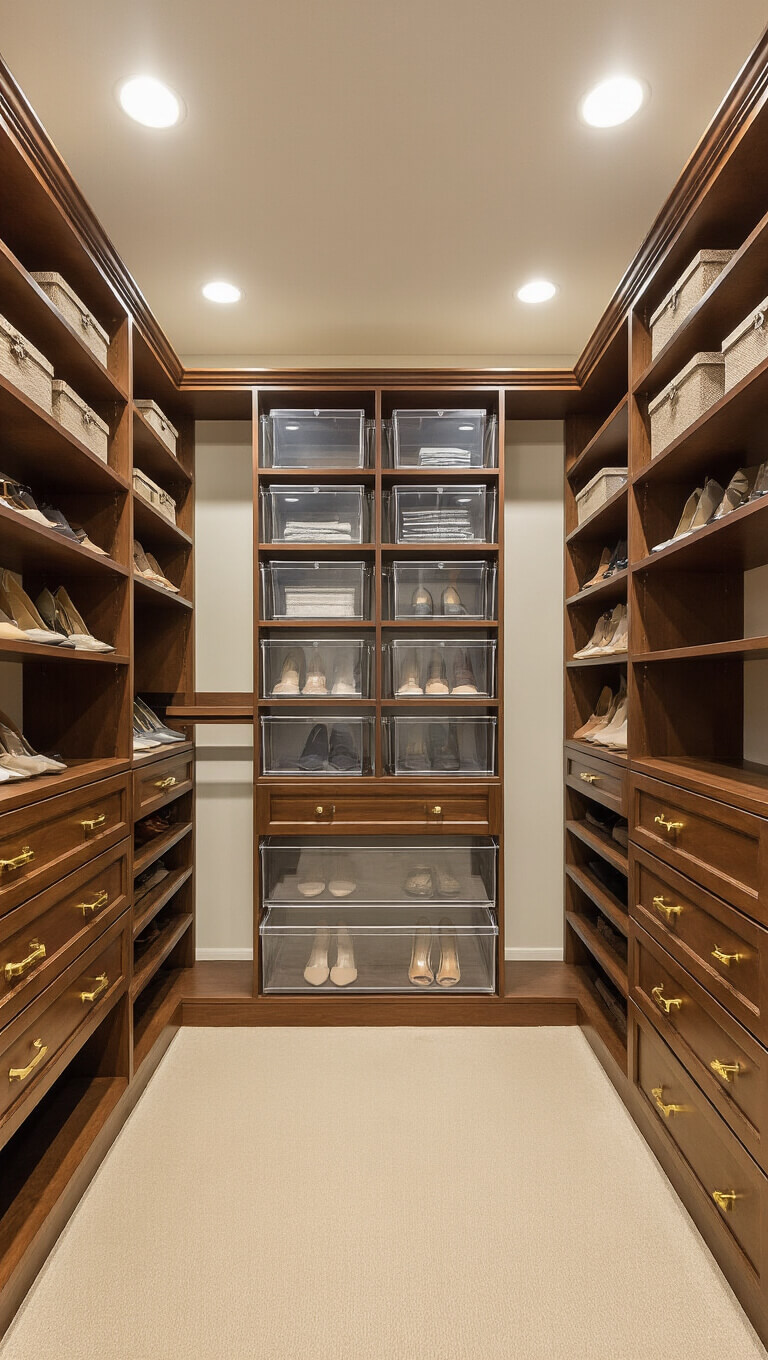 Modern walk-in closet with floor-to-ceiling clear shoe bins, warm LED lighting, walnut shelves with brass hardware, and cream carpeting.