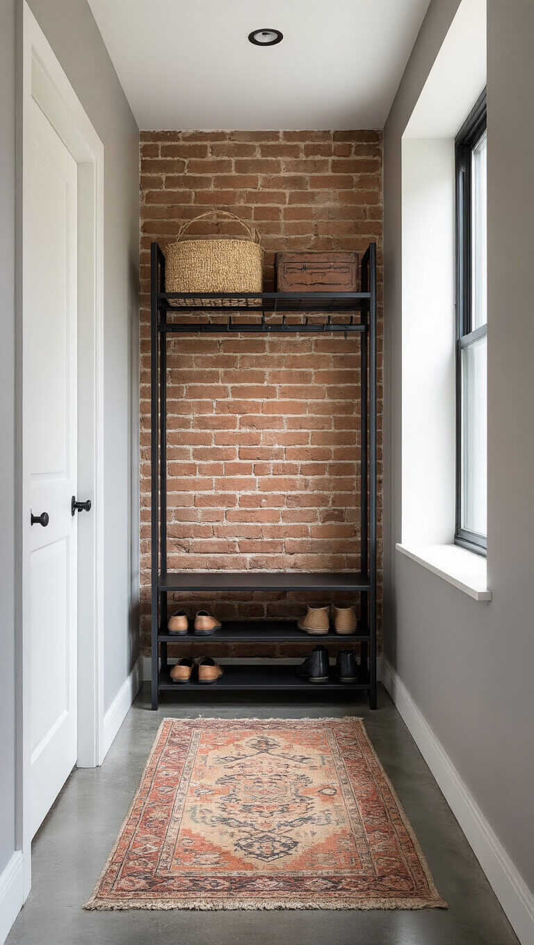 Industrial-style hallway with metal shoe rack, exposed brick wall, glossy concrete floors, vintage runner rug, and natural afternoon light.