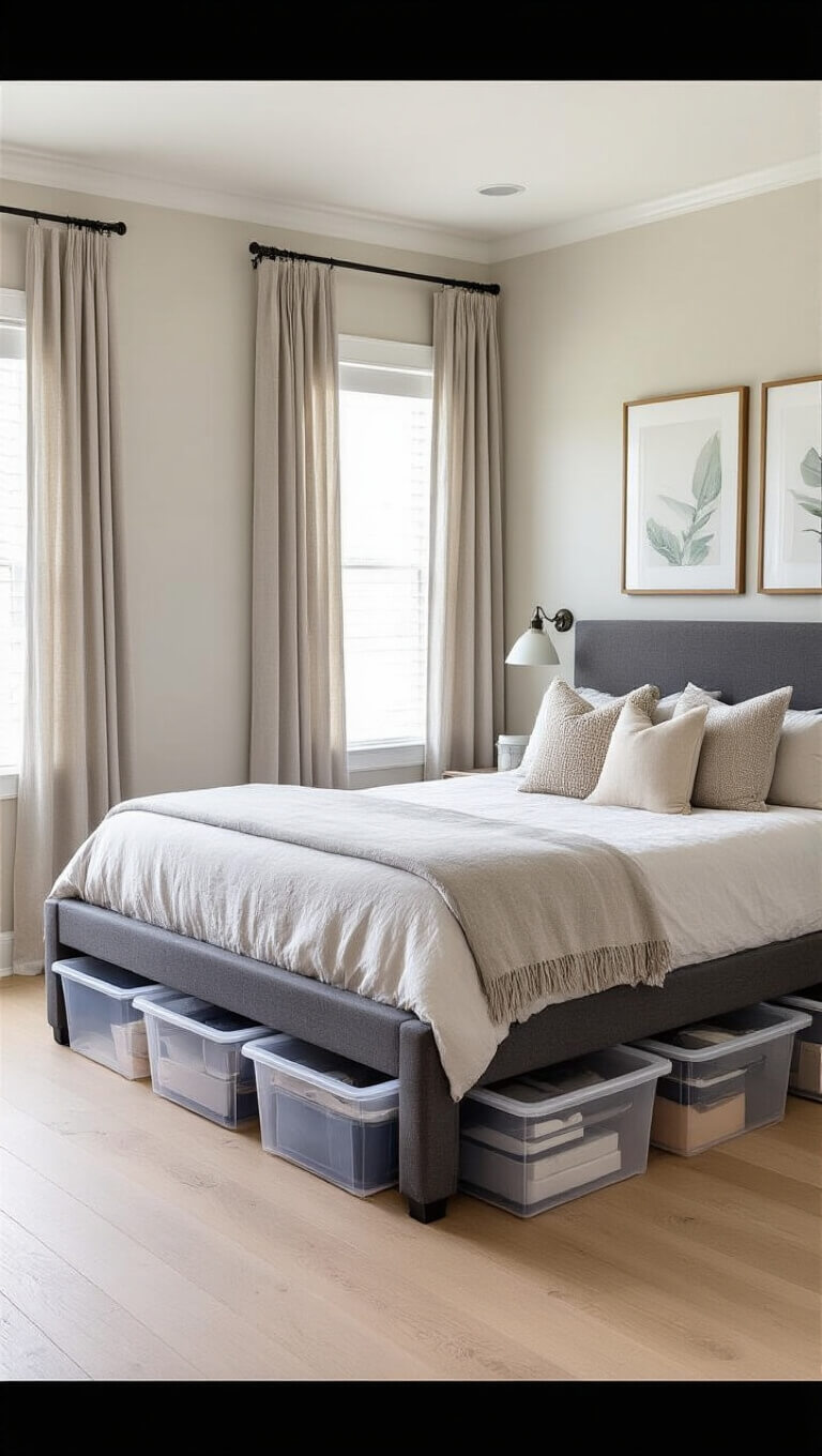 Elevated view of organized master bedroom with underbed storage in clear containers, platform bed in charcoal fabric, greige textiles, and early morning light through sheer curtains.