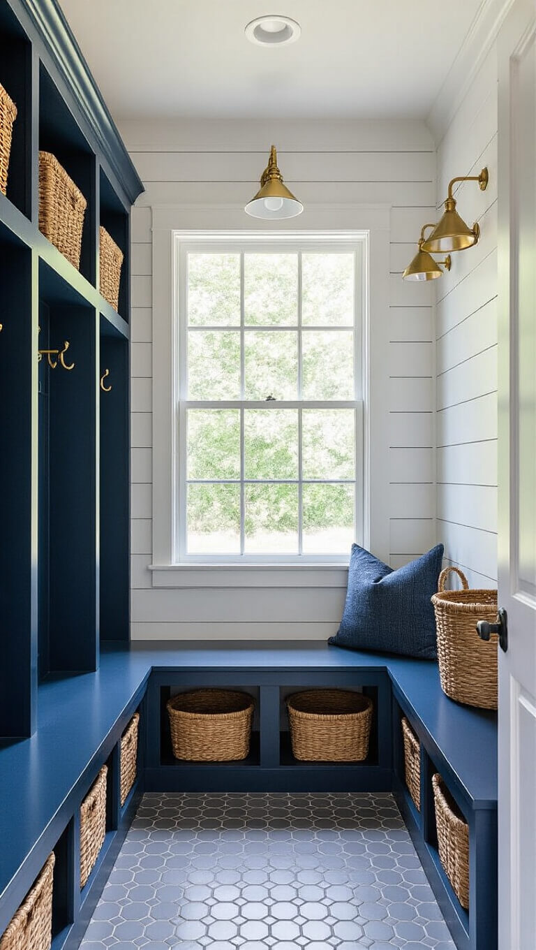 Contemporary mudroom with navy built-in bench, brass hooks, white shiplap walls, gray hex tile floor, and woven baskets, lit by dramatic afternoon side-light.