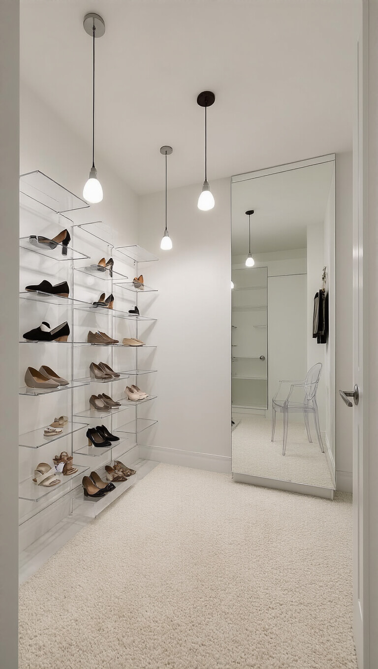 Minimalist 12'x12' dressing room with acrylic shoe displays on floating shelves, pendant lighting casting shadows, white walls, large mirror, ivory carpet, and ghost chair, viewed from corner angle.