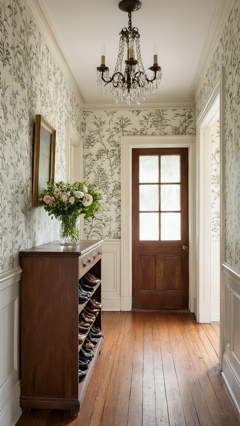 Victorian-style entryway with vintage wooden shoe cabinet, chandelier lighting, hardwood floors, botanical wallpaper, and fresh flowers in a crystal vase.