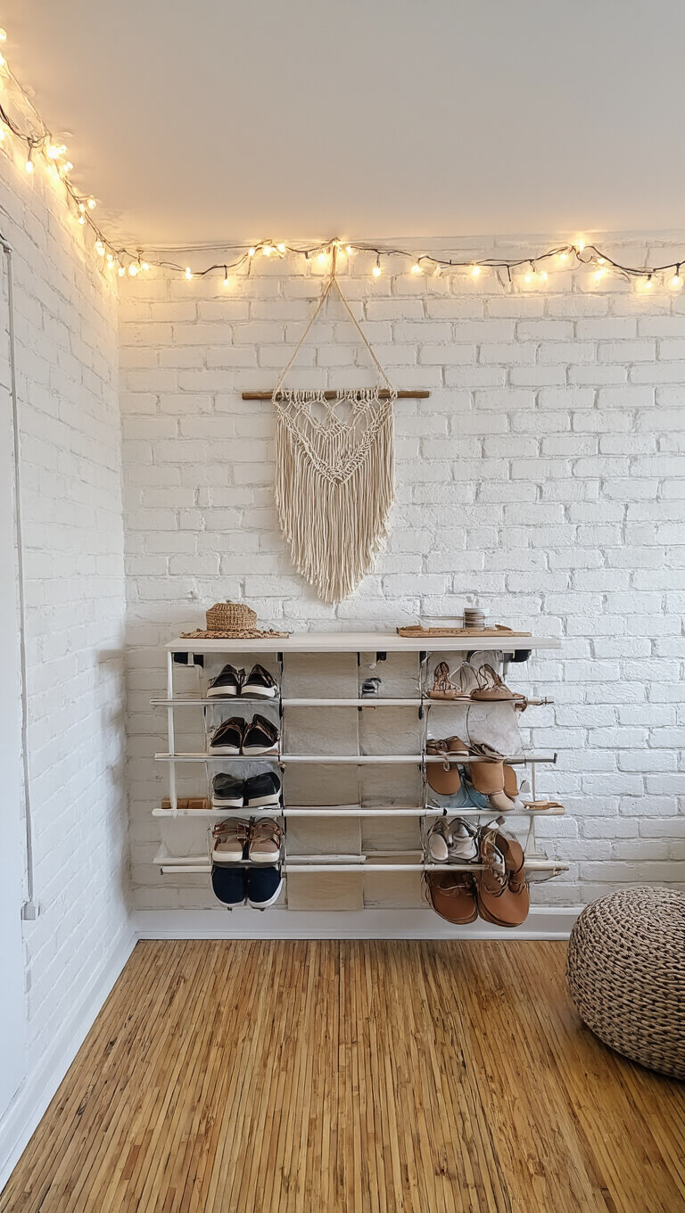 Cozy studio apartment corner with vertical hanging shoe organizers, string lights, white brick walls, bamboo flooring, and macramé wall hanging, captured with a fish-eye lens for a space-saving perspective.