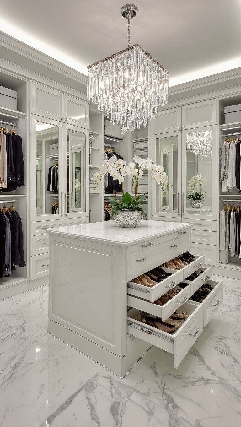 Aerial view of a luxury closet island with built-in white high-gloss shoe drawers, crystal chandelier, marble floors, mirrored cabinets, and fresh orchids.