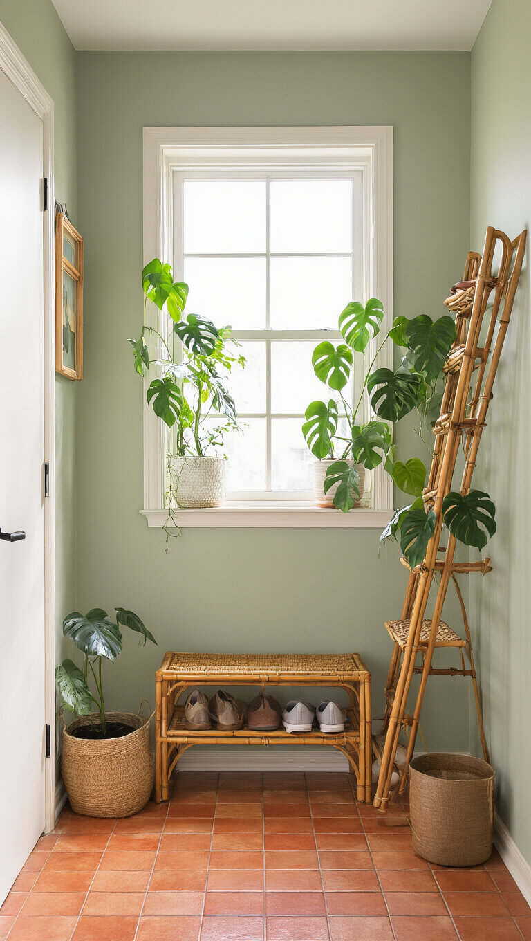 Small 6'x8' apartment entryway with bamboo ladder-style shoe rack, golden hour light streaming through window, sage green walls, terracotta tile floor, Monstera plant, shot at a Dutch angle to highlight vertical space.