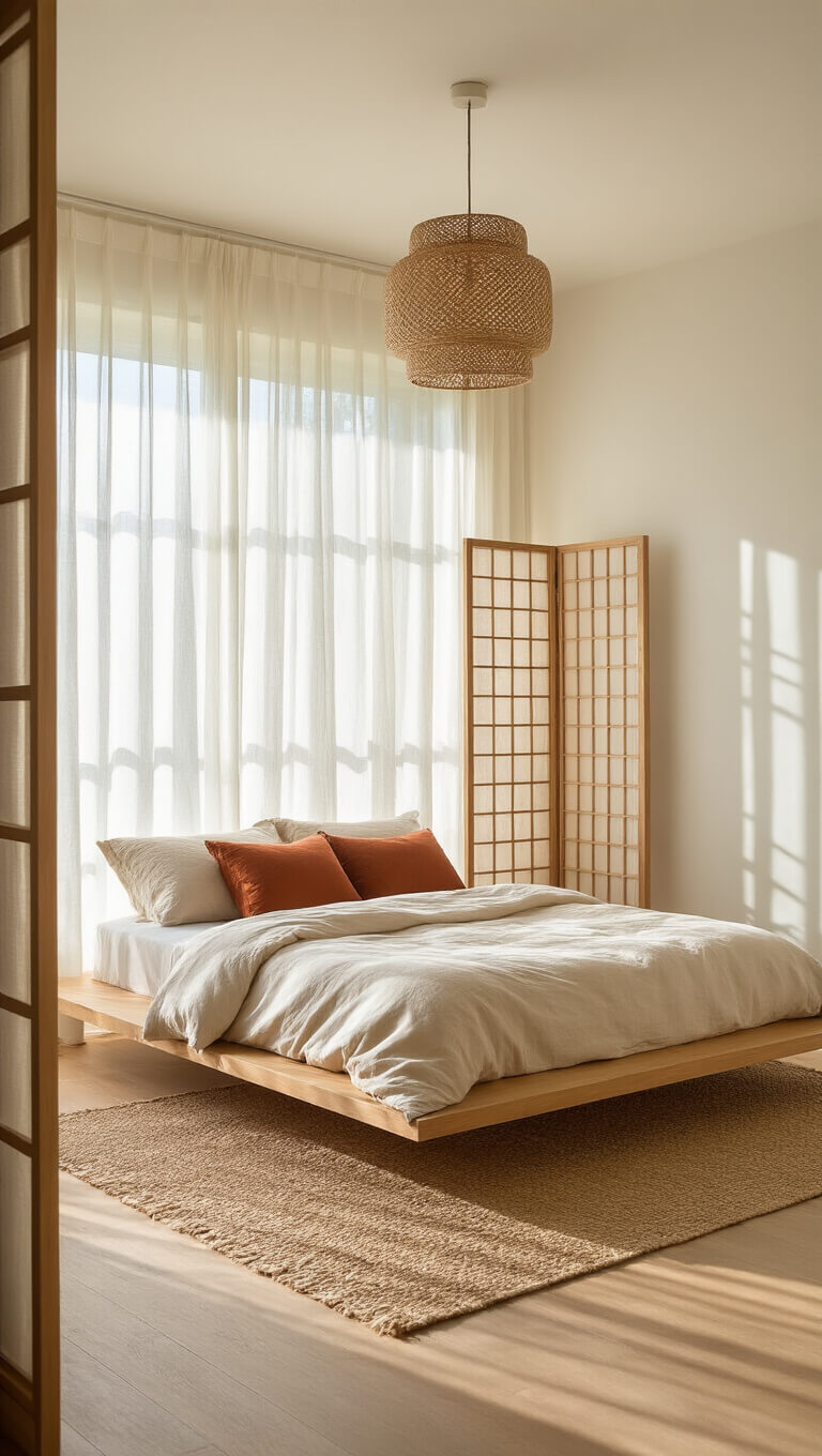 Minimalist 14x16ft bedroom with floating wooden platform bed, soft morning light through sheer curtains, shoji screen casting shadows, cream linens, rust pillows, jute rug, and rattan pendant light.
