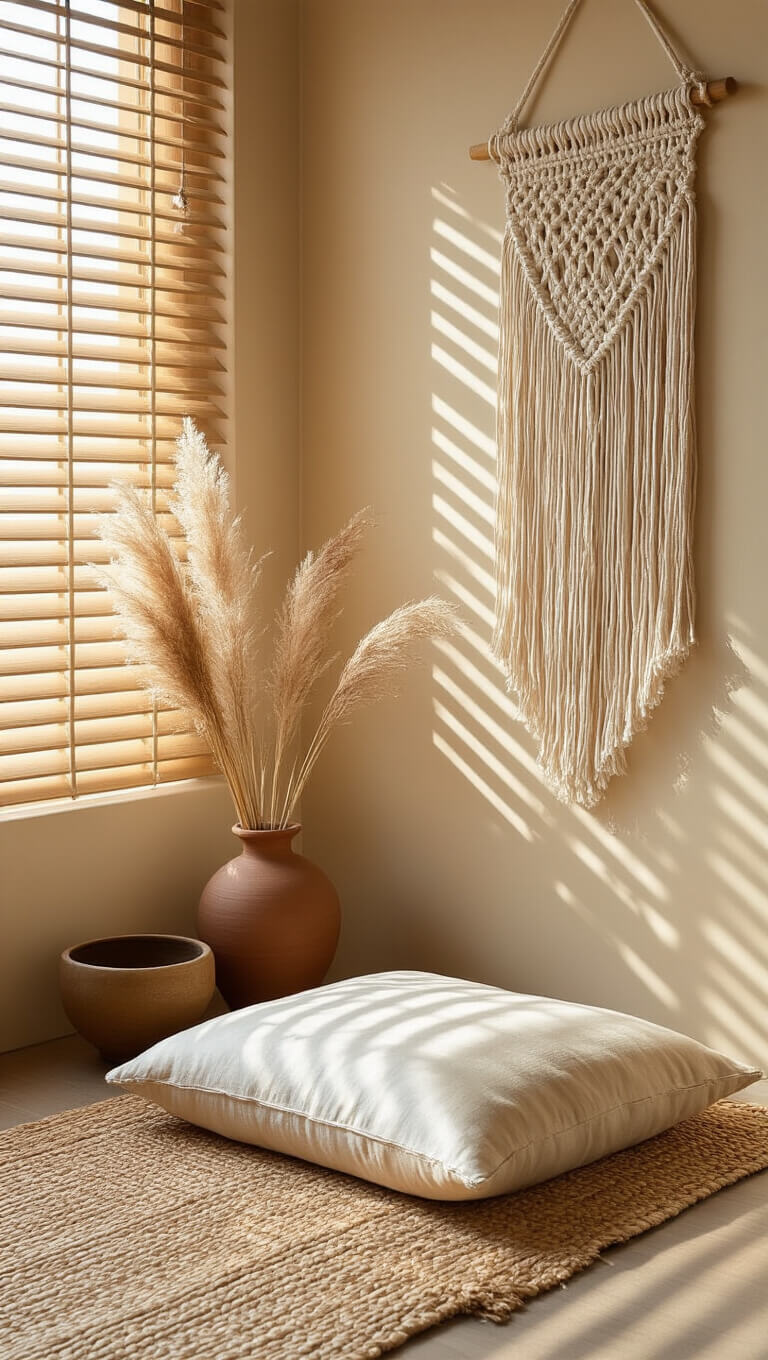 Close-up of cozy meditation nook with silk floor cushion on grass mat, macramé wall hanging, ceramic singing bowl, and pampas grass in vase, bathed in golden afternoon light through bamboo blinds.