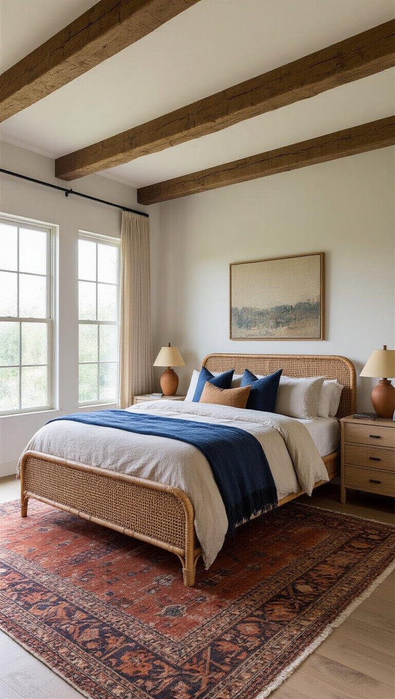 Wide-angle view of a spacious bedroom with exposed wooden beams, rattan bed in oatmeal linen, floor-to-ceiling windows, indigo throw, bleached oak nightstands, ceramic lamps, and a faded terracotta kilim rug under dusk lighting.