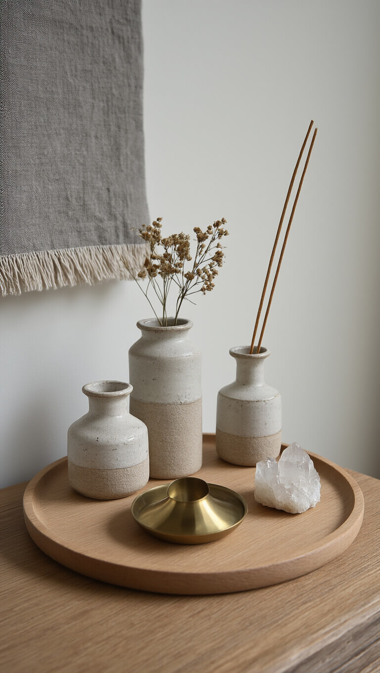 Close-up of bedside arrangement with ceramic vases holding dried botanicals, brass incense holder, and raw crystals on a wooden tray, set against a grey linen wall hanging.