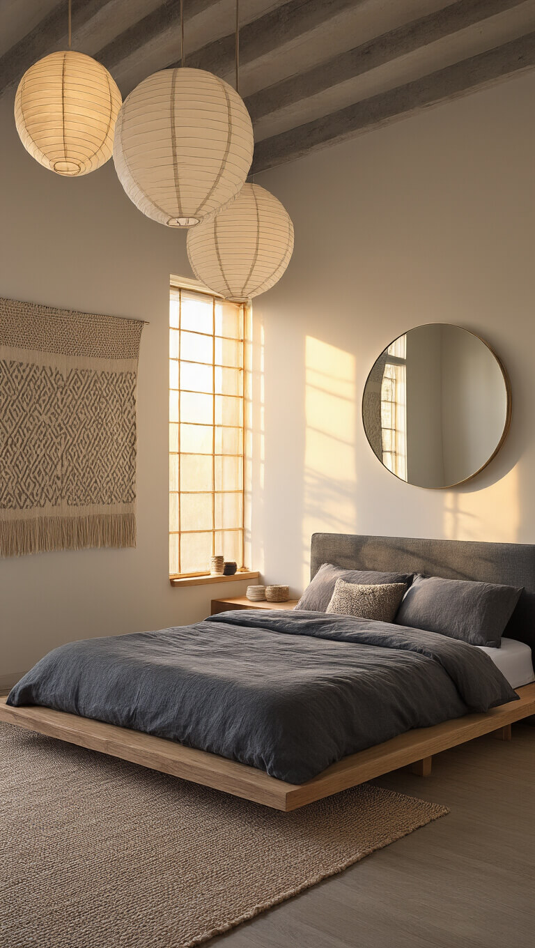 Minimalist 12x14ft bedroom at sunrise with golden light through paper lanterns, platform bed with charcoal headboard, floating wooden shelves, circular mirror, and neutral geometric wall tapestry.