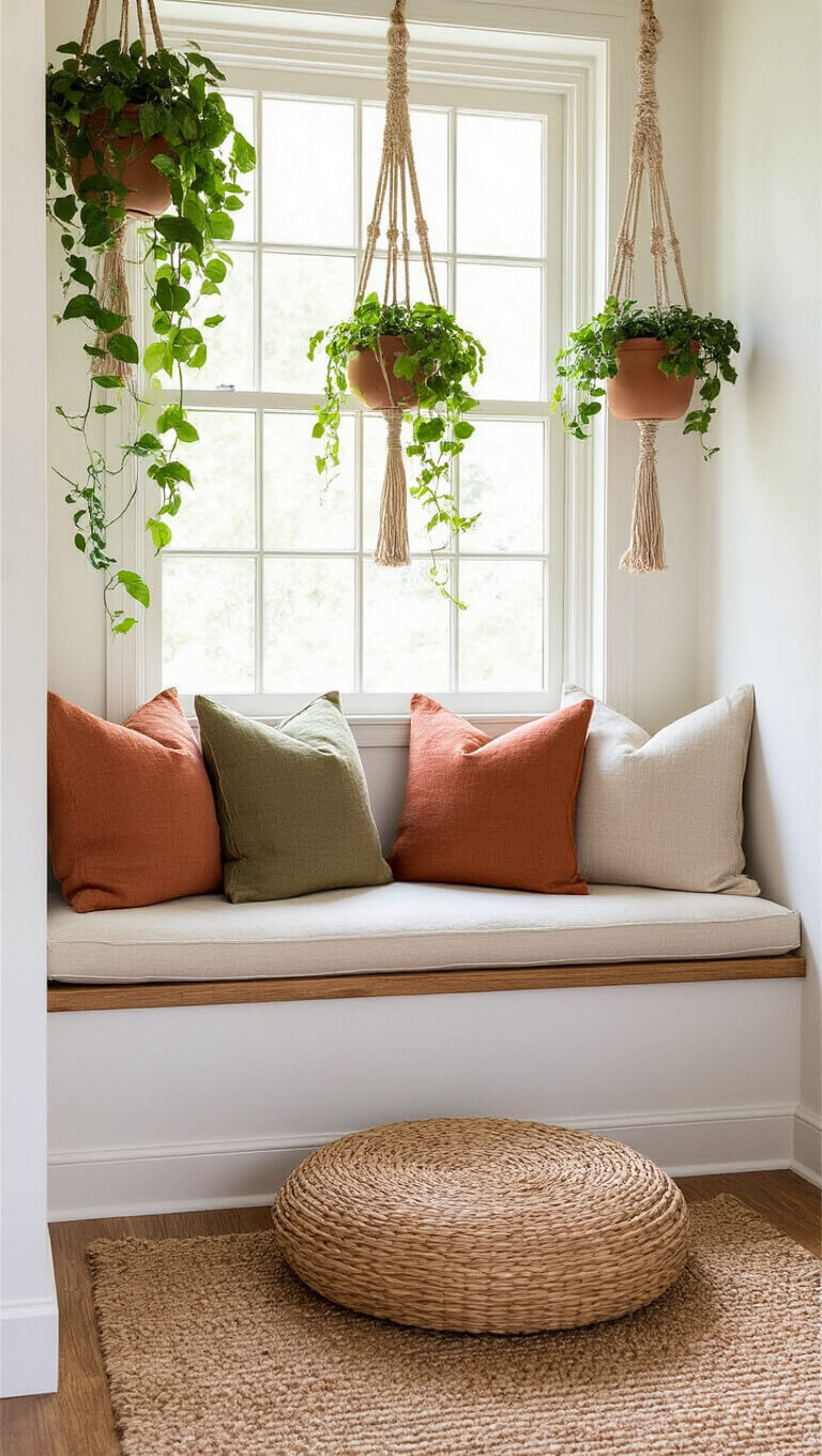 Cozy window nook with wooden bench, earth-tone pillows, hanging plants in macramé, and rattan floor cushion in soft natural light.