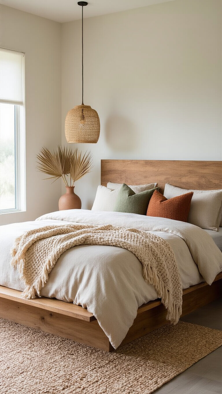 Platform bed with handcrafted wood headboard, layered cream and oatmeal bedding, rust and sage pillows, asymmetrical bamboo pendant lights, ceramic vase with dried palm fronds, soft afternoon light.