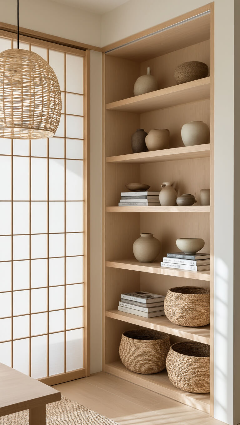 Built-in pale wood storage wall with sliding shoji screens, open shelves displaying ceramics, books, natural objects, and woven baskets, lit by a pendant light in clean morning light.