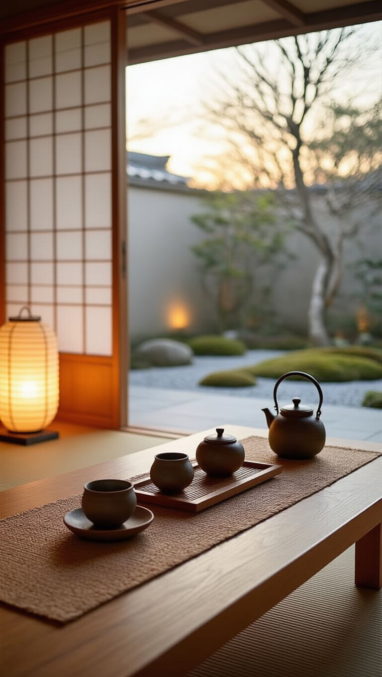 Morning tea ritual corner with low wooden table on tatami mat, ceramic tea set and pottery on fiber runner, soft lantern light, sliding glass doors opening to zen garden at dawn.