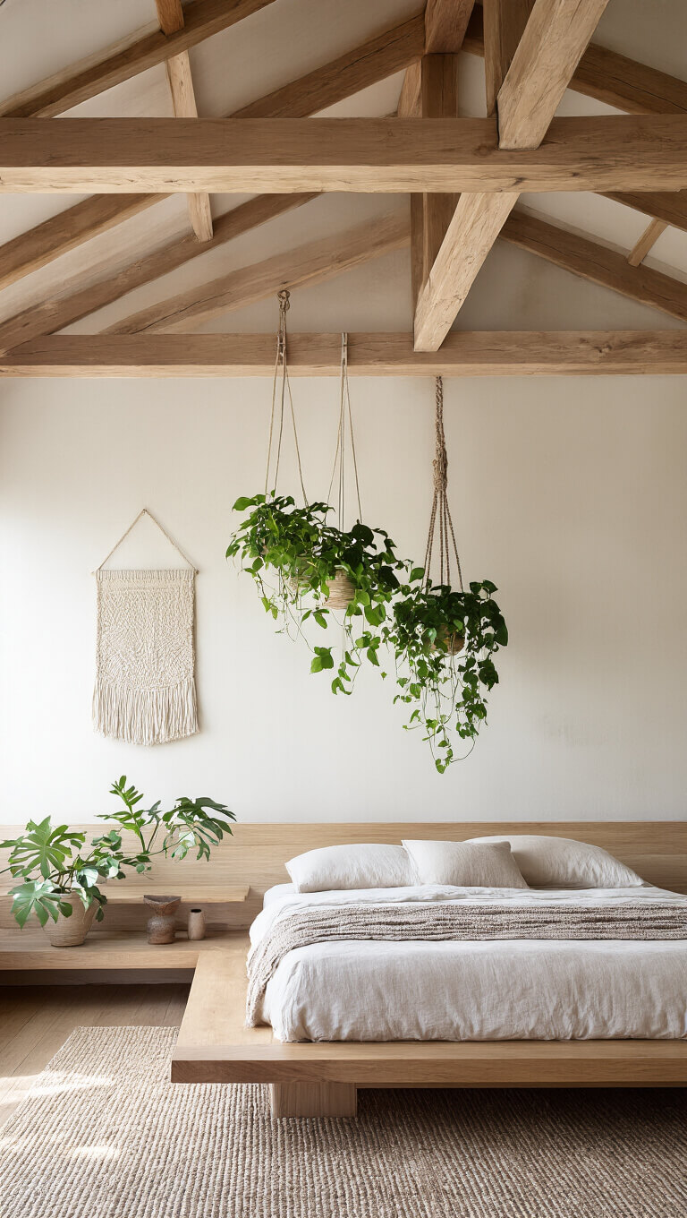 Upward view of 12ft ceiling bedroom with exposed wooden beams, modern Japanese joinery, hanging plants, textural wall art, and platform bed in natural linens lit by late afternoon shadows.