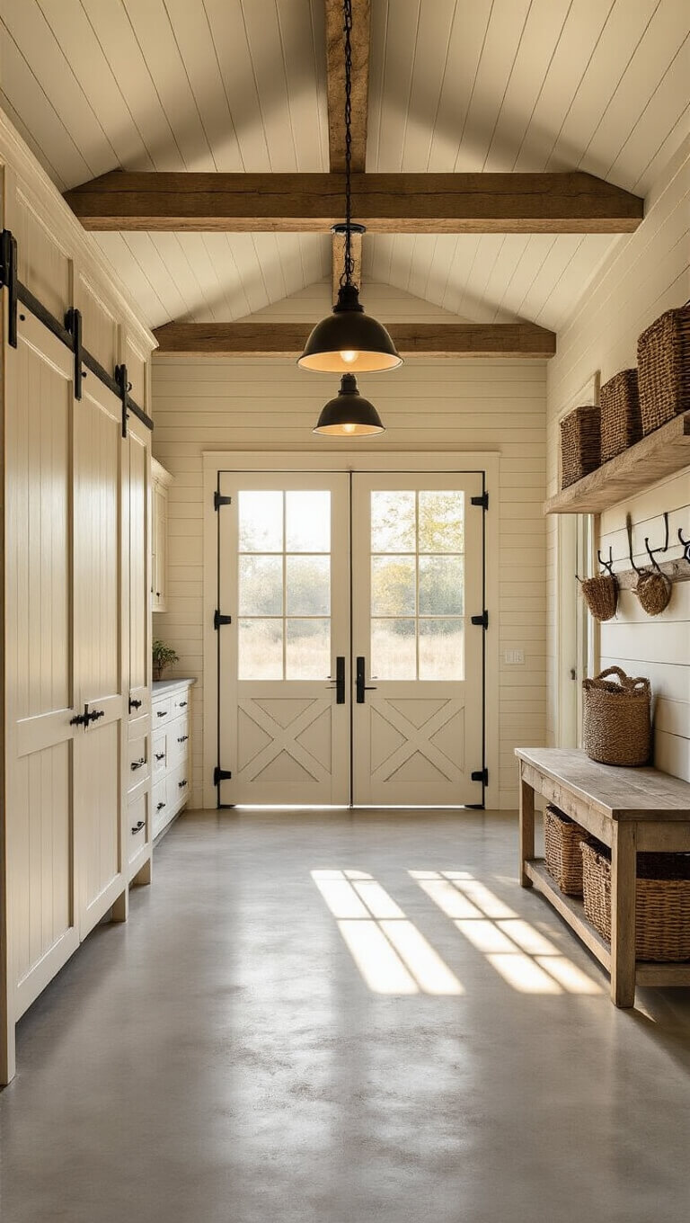 Sunlit garage interior with high ceilings, exposed wooden beams, vintage pendant lights, white carriage doors, mudroom area, and built-in storage cabinets.