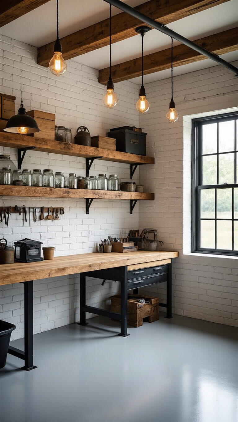 Organized garage workspace with oak workbench, vintage tools on open shelves, and natural light from black-framed windows reflecting off gray epoxy floors.