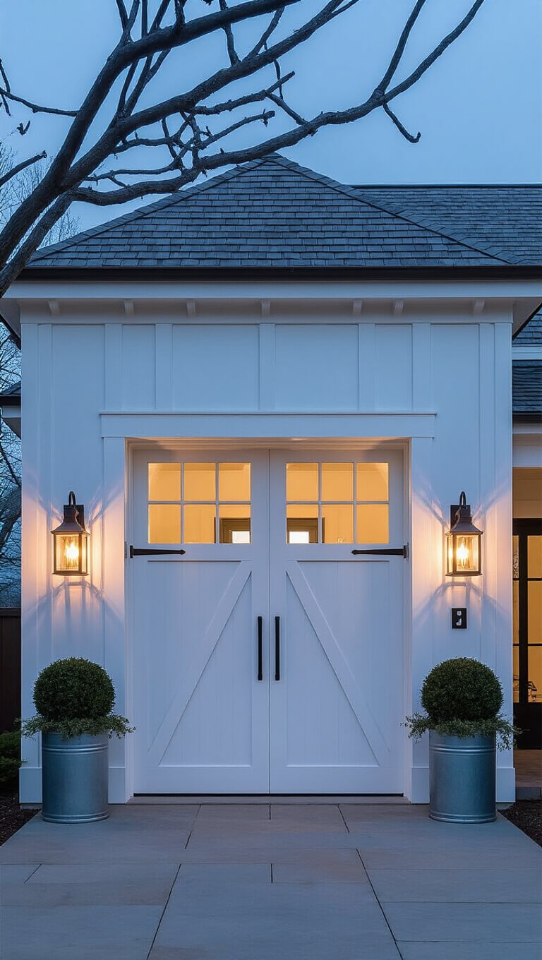 Twilight view of garage facade with white carriage doors, black hardware, lantern sconces, potted topiaries, cedar shake accents, and neighboring farmhouse elements.