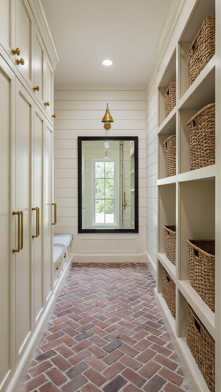 Garage mudroom transition with creamy white built-in lockers, herringbone brick floor, vintage mirror, and woven baskets under morning light.