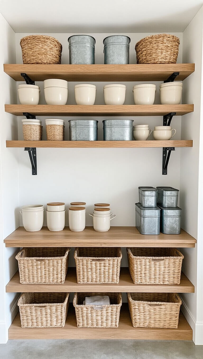 Overhead view of organized garage with oak shelving, ceramic vessels, metal containers, and natural baskets against white walls.