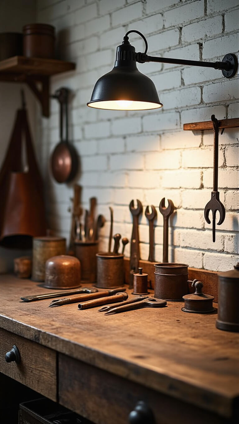 Close-up of vintage garage workshop corner with worn wooden workbench, copper tools, leather apron, and soft afternoon lighting.