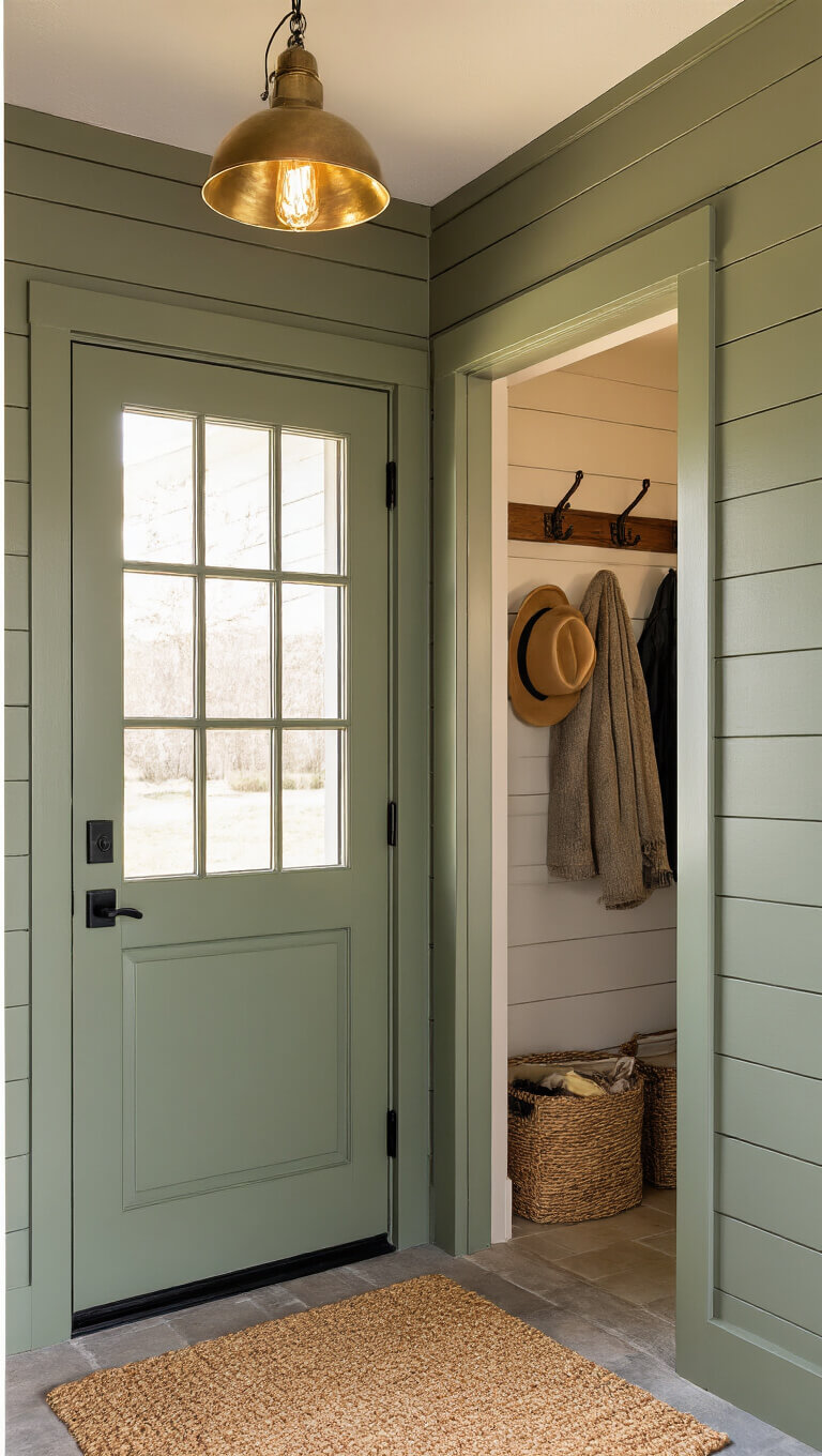 Sage green Dutch door open to organized garage entry with antique brass hooks, warm lighting, and textured doormat at golden hour.
